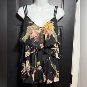 White House Black Market Black Tropical Floral Tiered Ruffled Cami Tank Medium